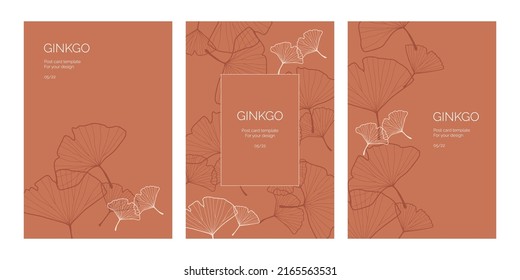 A set of postcards with graceful leaves of ginkgo biloba. Brown and beige colors are used. Thin outline illustration. Minimalistic, floral, aesthetic card design. Good for print, social media, web