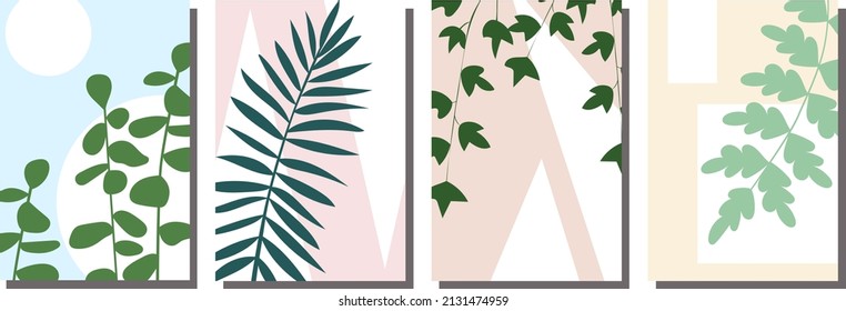 Set of the postcards. Green leaves on a light background. Geometric figures. Blue, pink, beige, yellow. Vector illustration.