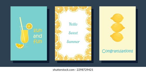 A set of postcards. Greeting card. Invitation. Save the date. Orange juice in a glass, lemons in turquoise yellow colors	