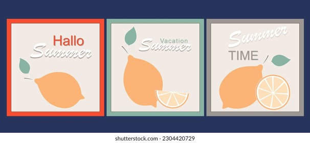 A set of postcards. Greeting card. Invitation. Save the date. A slice of lemon. Hello summer.