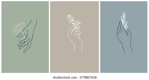 set of 
postcards, hand elements with herbs and flowers. colored backgrounds, pastel colors. mystical symbols of esotericism. natural cosmetics, medicinal herbs, eco products. body care logo
