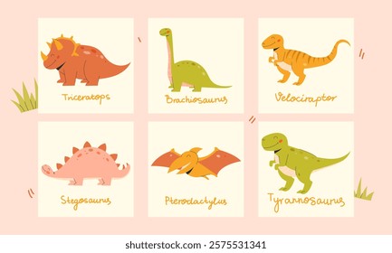 Set of postcards with hand-drawn dinosaurs