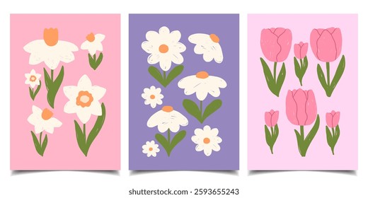 Set of postcards with hand-drawn spring flowers. Vector illustration