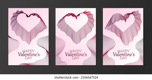 Eine Reihe von Postkarten Glücklichen Valentinstag mit Herzen, die im Wind aus Linien flattern. Vektorformat.