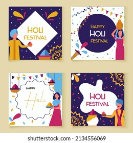 Set of postcards for Holi festival in India with people and paints