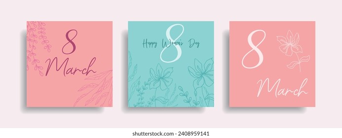 A set of postcards for the holiday of March 8th in a minimalist style. Vector.