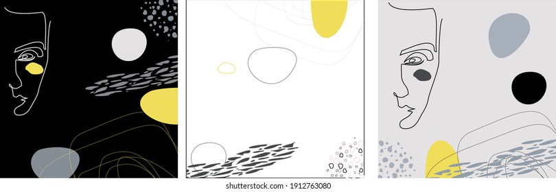 
set of postcards with human face in abstract style in trending colors