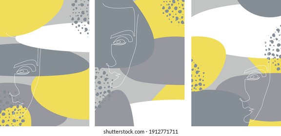set of postcards with human face in abstract style in trending colors