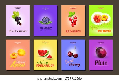Set of postcards, illustrations with summer berries in loupole style