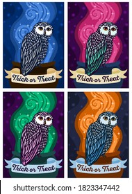 A set of postcards with an image of an owl sitting on a magic cauldron. The label "trick or treat" at the bottom.