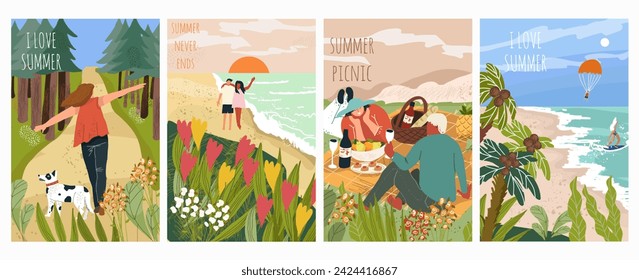 Set of postcards with images of people on summer vacation in nature. Vertical postcards with happy women and men on a picnic in nature,  a walk in the woods with a dog and a trip to the sea. 