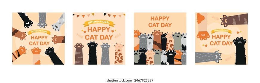 Conjunto de postales al día internacional del gato. Gráficos de Vector en un estilo de dibujos animados