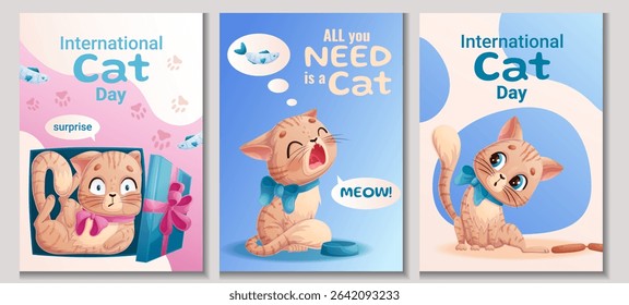 A set of postcards for the International Cat Day on August 8th. Cute hungry cat, a cat in a gift box. A charming animal with a bow around its neck. Isolated vector illustration for posters, banners