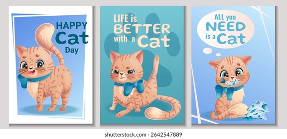 Um conjunto de cartões postais para o Dia Internacional do Gato em 8 de agosto. Gato irritado bonito lava, pegou um peixe. Um animal encantador com um arco em volta do pescoço. Ilustração vetorial isolada para cartazes, banners