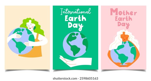 Set of postcards for International Earth Day. Girl hugging the globe