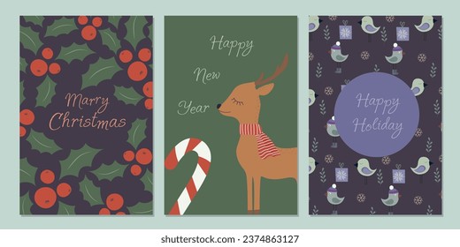 Set of postcards, invitations. Christmas and New Year. Festive banner. Christmas decorations, Christmas trees. Deer, winter flowers