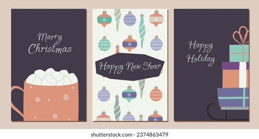 Set of postcards, invitations. Christmas and New Year. Festive banner. Christmas decorations, Christmas trees. Winter hot drink