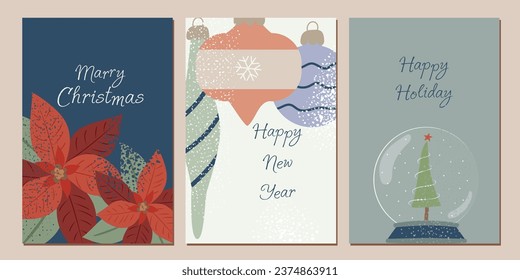 Set of postcards, invitations. Christmas and New Year. Festive banner. Christmas decorations, Christmas trees. Winter flowers. Magic bullet