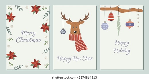 Set of postcards, invitations. Christmas and New Year. Festive banner. New Year's beauties. Winter flowers. Deer