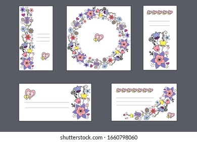 Set of postcards and invitations with graphic  flowers