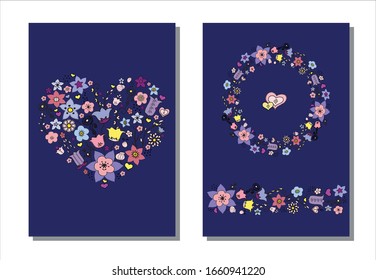Juego de postales e invitaciones con flores gráficas