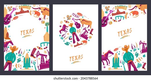 
Set of postcards with landmarks of Texas. Traditional symbols, full color vector illustration.