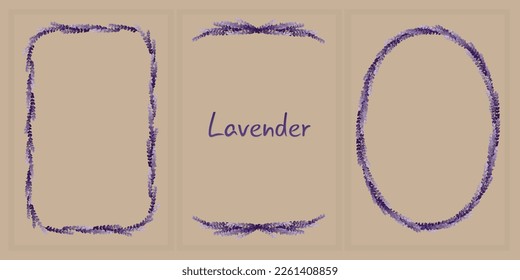 Set of postcards with lavender. Frame of lavender branches