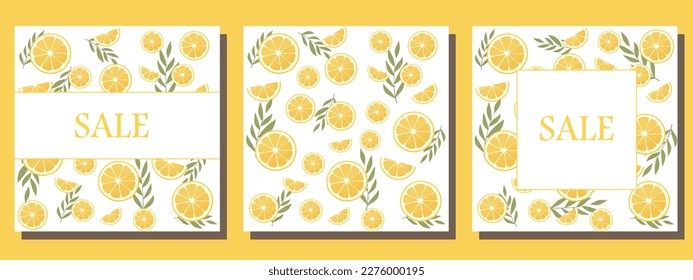 A set of postcards. Postcards with lemons. Greeting cards. Wedding invitation. Lemon design. A card for a discount or sale