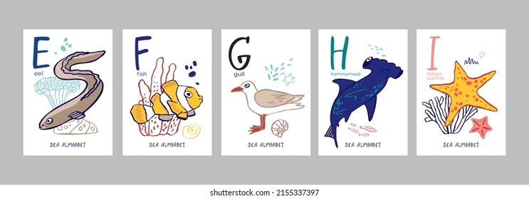 Set of postcards with letters of alphabet, marine symbols isolated on white. Collection of posters with clown fish, gull, shark, ell for studying letters, nursery decor. Cartoon vector illustration