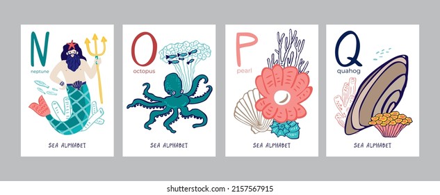 Set of postcards with letters of alphabet, marine symbols isolated on white. Collection of posters with neptune, octopus, pearl, quahog studying letters, nursery decor. Cartoon vector illustration
