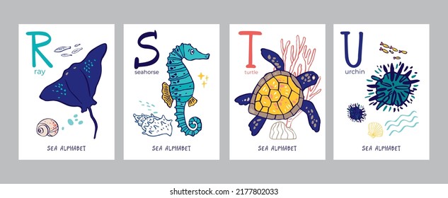 Set of postcards with letters of alphabet, marine symbols isolated on white. Collection of posters with ray, seahorse, turtle, urchin studying letters, nursery decor. Cartoon vector illustration