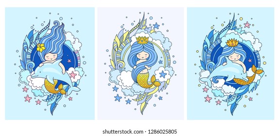 Set of postcards with little mermaids and dolphins. Siren, surrounded by blue seaweed, clouds and starfish. Vector illustration.