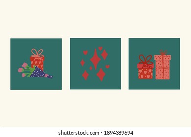 A set of postcards for lovers. A gift box, a bouquet of flowers, twinkling hearts. A collection of images for a present. Vector illustration