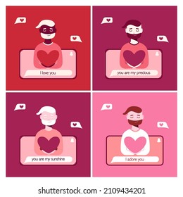 Postkarten mit einem Mann sendet eine Liebesnachricht an seinen geliebten mit seinem Telefon Valentinstag