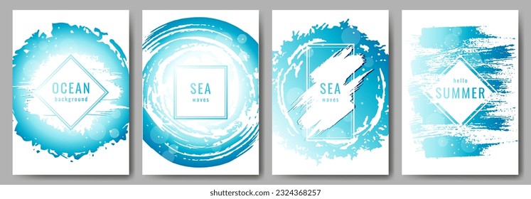 A set of postcards with a marine ornament. Abstract posters in blue and azure colors. Brush strokes, frame with text. Vector image. Greeting card, background design, website, poster.