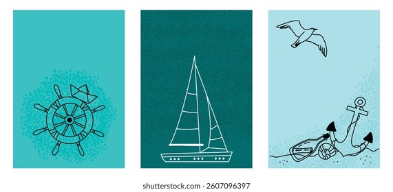 Set of postcards in marine style with space for text. Items of seafaring. Marine vertical wallpaper, background with texture. Vector doodle illustration