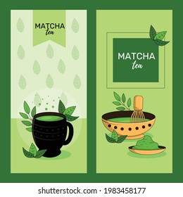 A set of postcards with matcha tea with leaves and berries. A cup of Matcha green tea, a mug. Matcha herbal green tea bowl. Flat cartoon style vector illustration