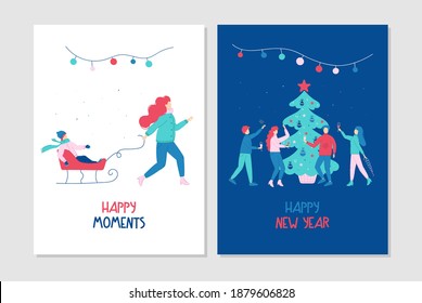 Set of postcards - mom with a child on a sled and a group of friends celebrate the new year. Cozy flat cartoon holiday illustration. Happy New Year And Merry Christmas cards