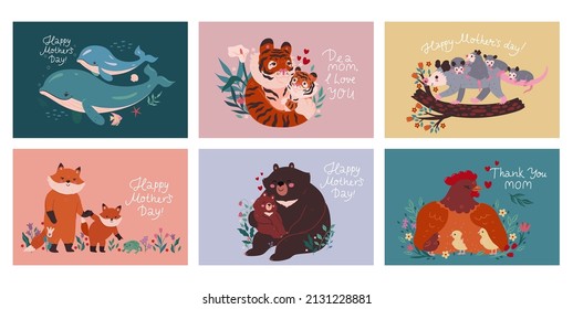 Set of postcards for mother's day with animals. Vector graphics.