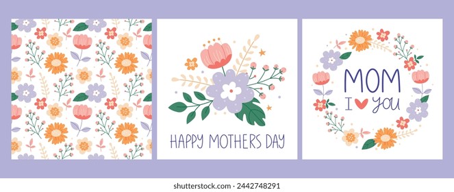 A set of postcards for Mother's Day. Flower arrangement, pattern, wreath.