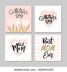 Set of postcards for mother's Day with flowers and modern calligraphy. Vector illustration.