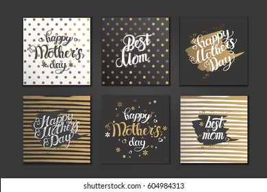 Set of postcards for Mother's Day. Vector hand written trendy lettering. Typographical design. Golden and black.