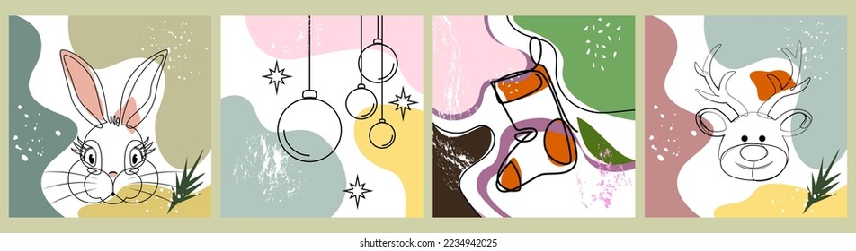 Set of postcards, napkins, background for the holiday Christmas, New Year. black contours of a rabbit, a deer, a sock, balls against a background of various shapes and snow in traditional colors