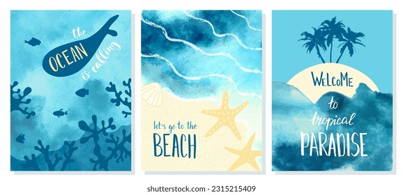 Set of postcards with nautical details. Backgrounds with watercolor texture. Summer cards with fish, palm trees, starfish and the ocean.