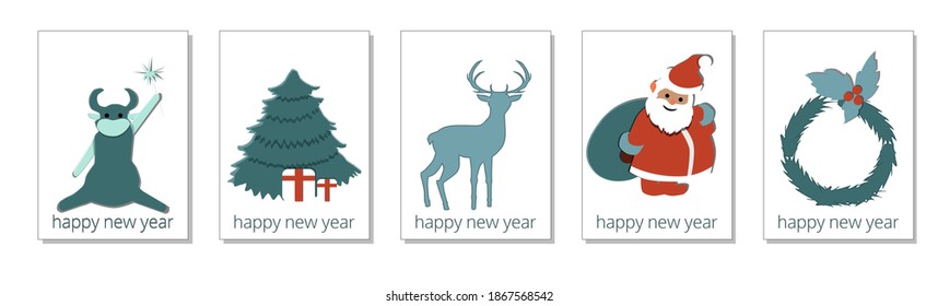 
set of postcards for the new year in the style of paper cut