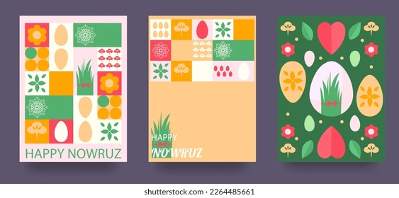 A set of postcards with the Novruz holiday. Novruz Bayram background template. Spring flowers, painted eggs and wheat germ. Geometric mosaic. Vector illustration