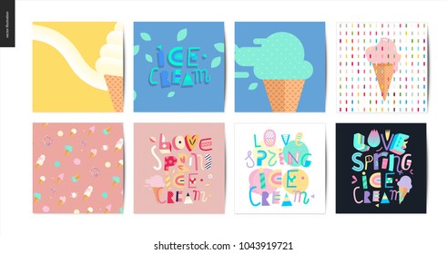 Set of the postcards on Love, spring, ice cream