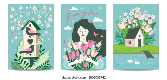 A set of postcards on a spring theme with a house, a blooming garden, a birdhouse and birds, a girl. Vector.