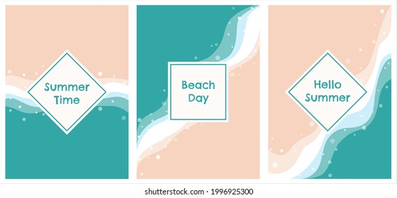 Set of postcards on a summer marine theme. Vector image of the sea, sand, shoreline, top view. Frame with text. Design for postcards, invitations, posters, brochure covers, books.