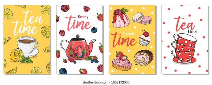 Set of postcards on the tea theme. Tea cups, a teapot with berry tea and sweets. Tea Time. Colorful vector illustration. Hand-drawn.